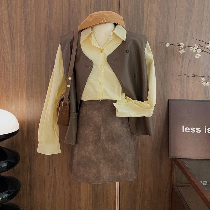 Primavera Verano Casual Retro negro abrigos chaqueta color café Color sólido doble botonadura elegancia chaleco de cuero suave cárdigan