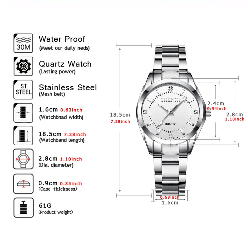 CHENXI 021B Women\'s Watch Simple Design Luxury Stainless Steel Women Quartz Wristwatch Rhinestone Dial Watches Gift for Ladies