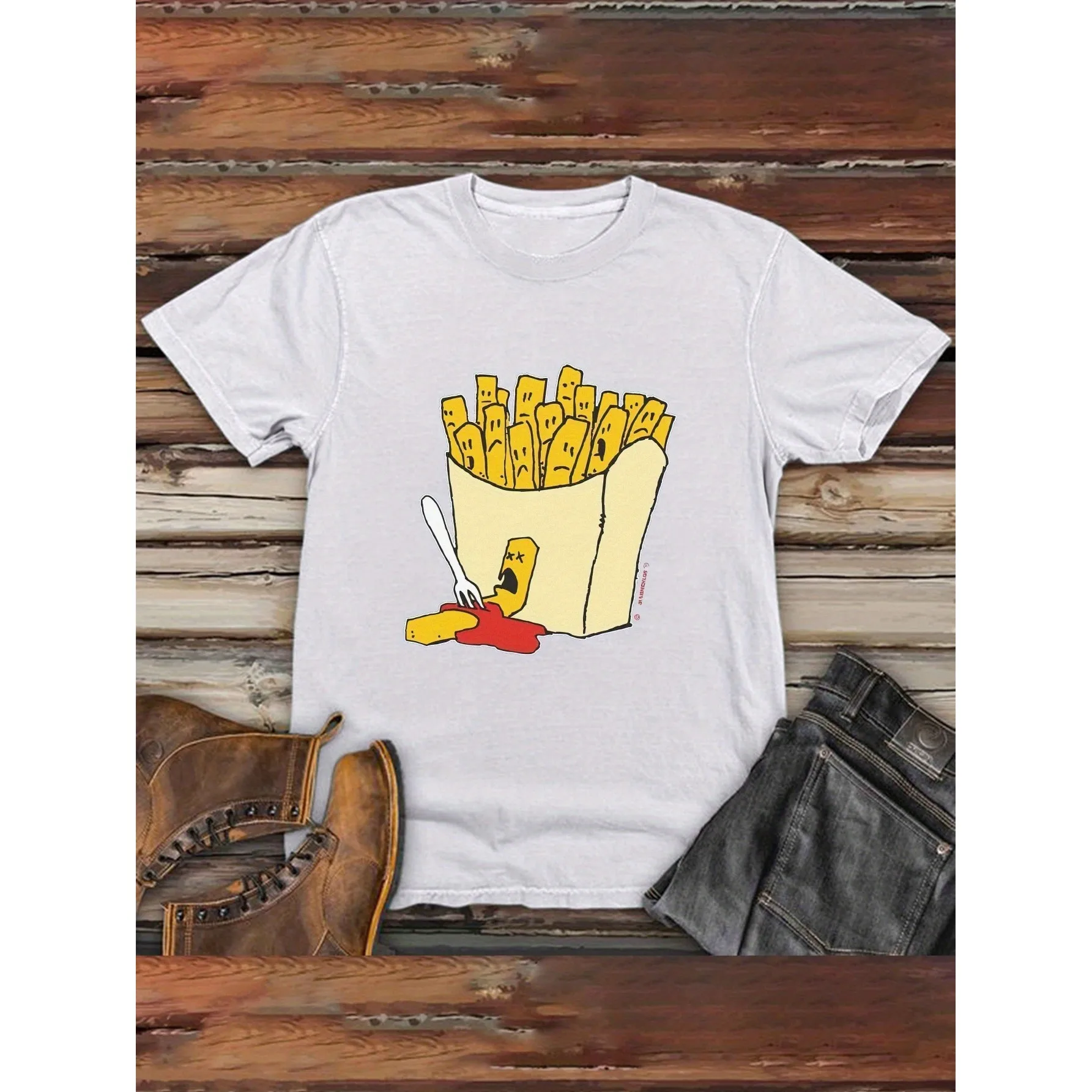 Funny French Fries Ketchup Graphic Men's Cotton T-Shirt Breathable Casual Short Sleeve Tee