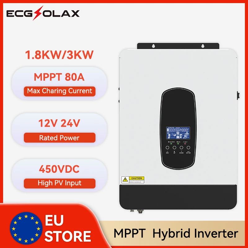 ECGSOLAX 1.8KW 3KW Hybrid Solar Inverter 12V 24V 230V With 80A MPPT Charge Controller Off-grid Solar Hybrid Inverter Max PV 450V