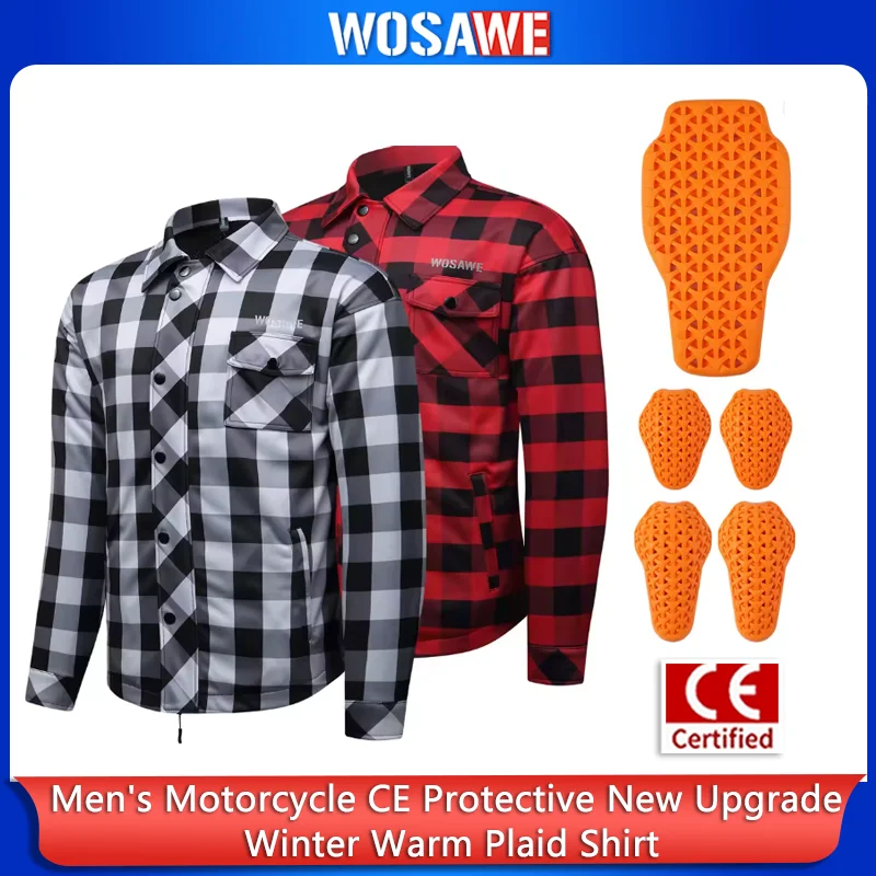 WOSAWE Men's Winter Motorcycle Jacket Fleece Lined Soft Armor Pads Motocross Retro Checkered Riding Coat