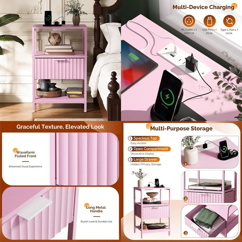 

Розовый комплект из 2 прикроватных тумбочек с тканевыми ящиками, зарядной станцией, полкой для хранения и ручкой для спальни/гостиной