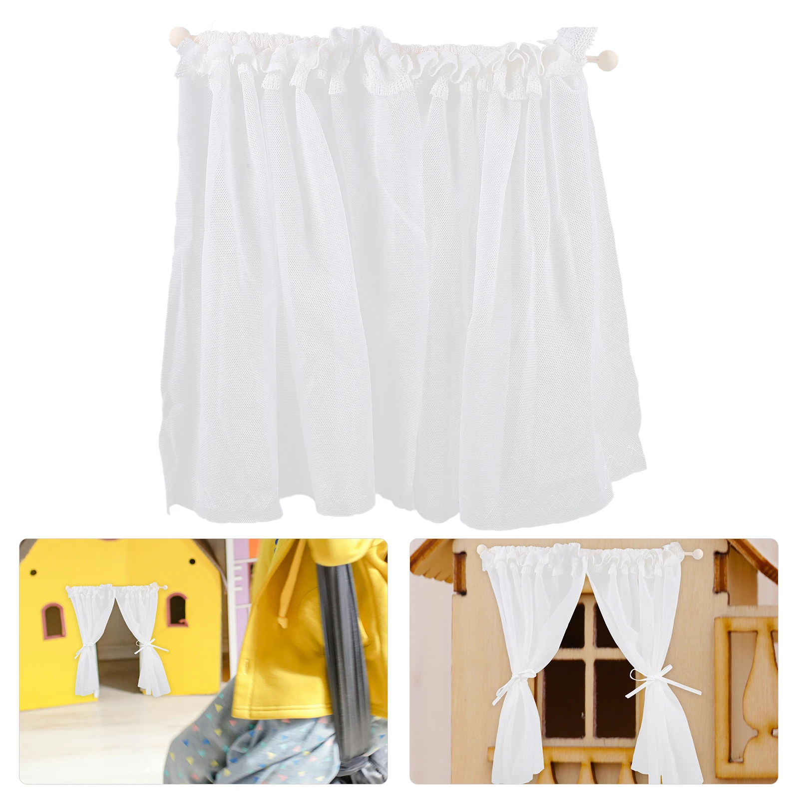 

2 Pcs Small House Miniature Curtains Tiny Homes Wood Dollhouse Lace Window