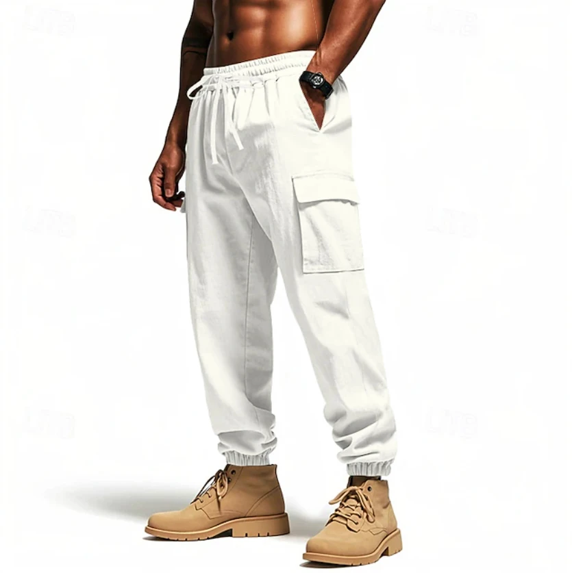 Men's Loose Fit Cotton Linen Cargo Jogger Pants Elastic Waist Drawstring Trousers with Pockets