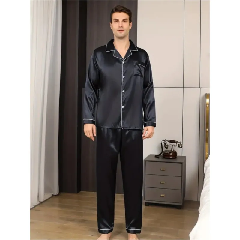 Men\'s Pajamas Set Silk Satin Sleepwear Long Sleeve Nightwear Male Home Suit Soft Loungewear Leisure Big Size Sleepsuit 2pcs/set