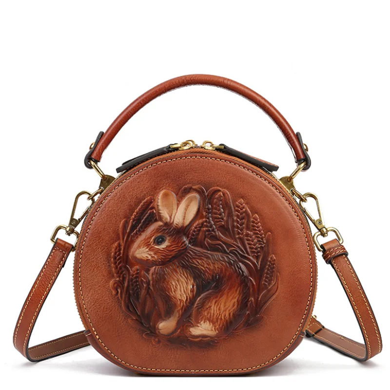 Authentic round leather bag for women, rabbit shoulder strap, luxury design, retro style, new from 2025