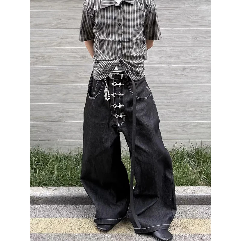 جينز رجالي أسود قوطي Y2k كبير الحجم Harajuku عتيق 90s فضفاض من قماش الدنيم بنطلون ياباني 2000s نمط صديقها جينز سروال الخريف #5