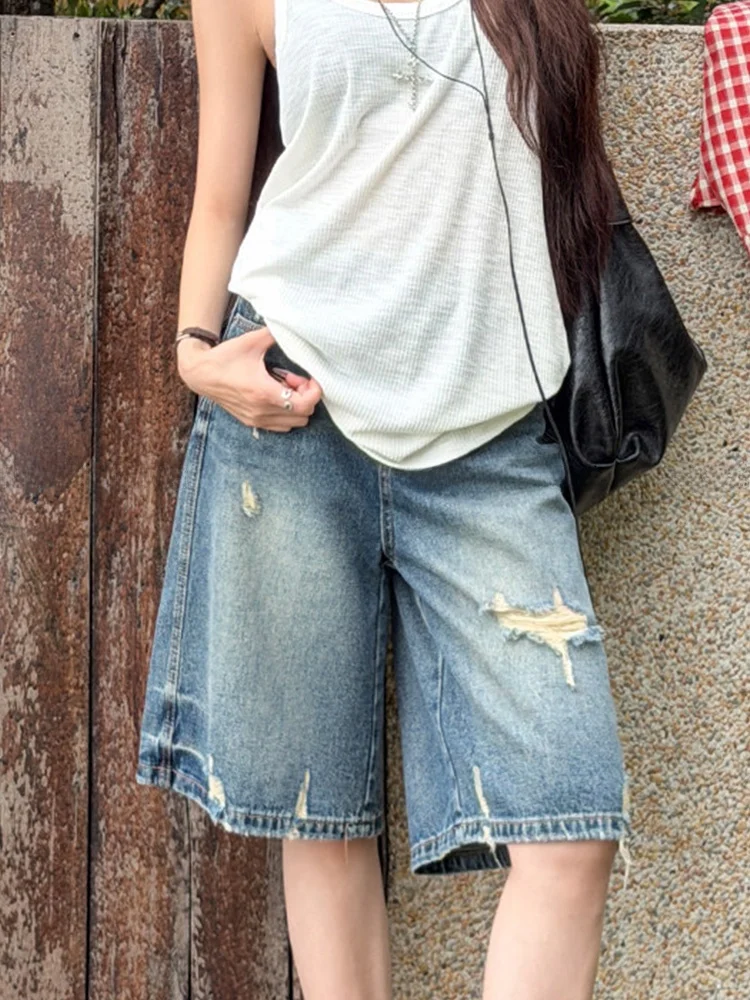 

Retro American Hot Girl Design Streetwear Faded Denim Jeans Women Summer Wide Leg Loose Five-Quarter Mid-Pants High Waist