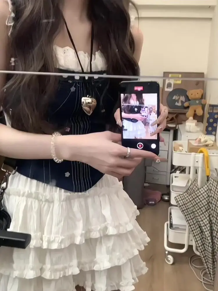 الصيف الكورية الدنيم الحلو 2 قطعة مجموعة النساء الدانتيل مخيط بروتيل القمم + ألف خط كعكة تنورة دعوى Y2k تصميم ملابس غير رسمية 2025