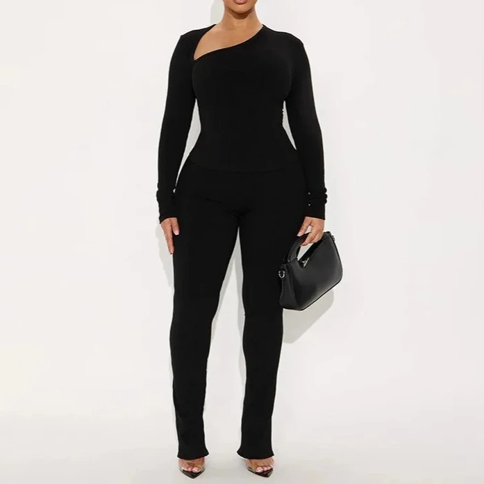 Ribbed 2 Piece Set Inclined V Neck Long Sleee T-shirts Tops + High Waist Pencil Pants Slim Casual Streetwear Womdn Solid Suits