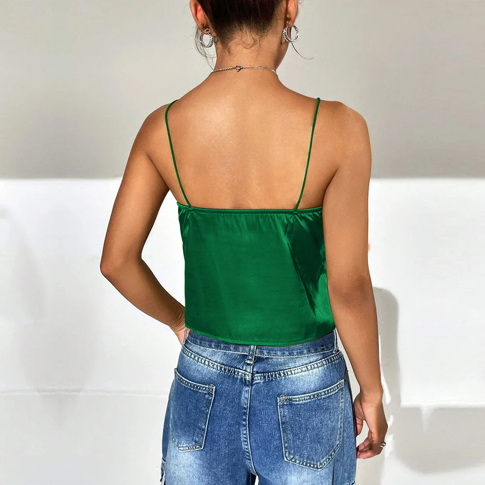 Women Sexy V Neck Crop Satin Solid Temperament Camisole Top Stock