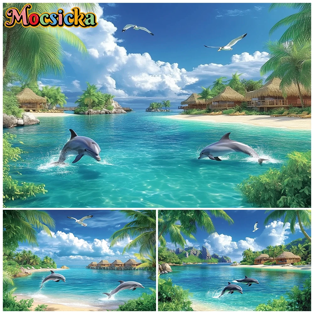 Mocsicka Summer Photography Backgrounds Ocean Island Dolphin Decors Hawaii Vacation Party Portrait Backdrops Photo Studio Poster