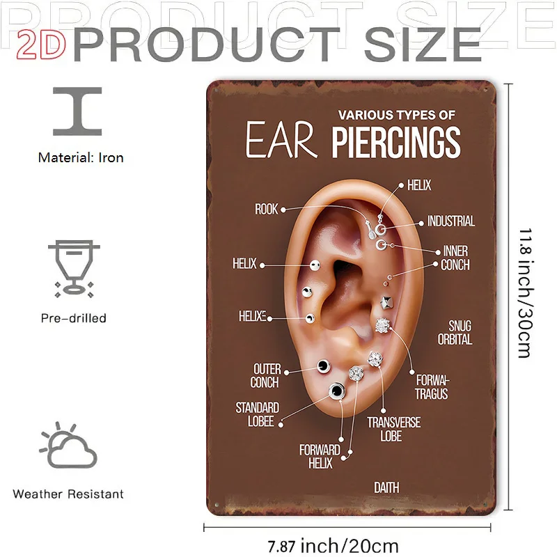 2D Flat, 2D Flat, 1pc Vintage Ear Piercing Styles Metal Sign - Distressed Wall Art, Measuring 11.8X7.8 Inches (30X20 Cm), Suitab