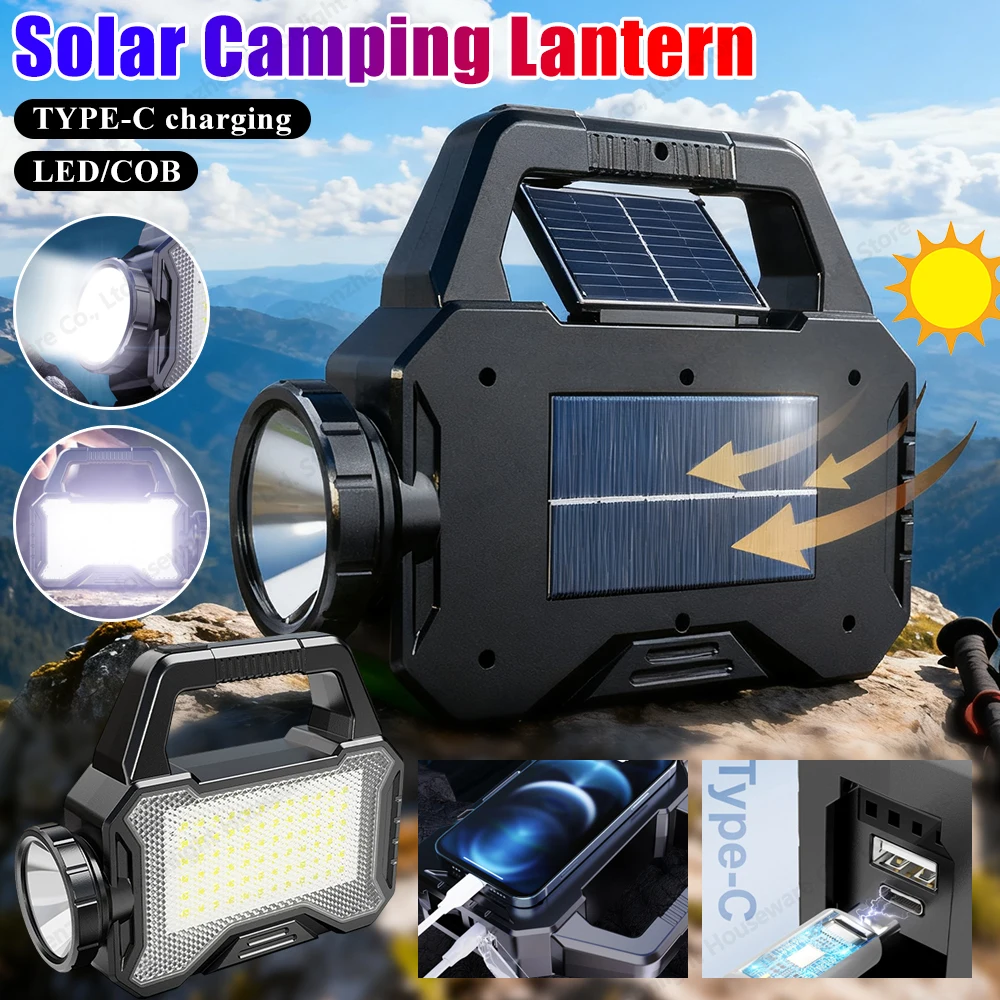 Projecteur solaire Rechargeable pour Camping, grande lampe de poche portative, projecteur solaire d'extérieur Super lumineux