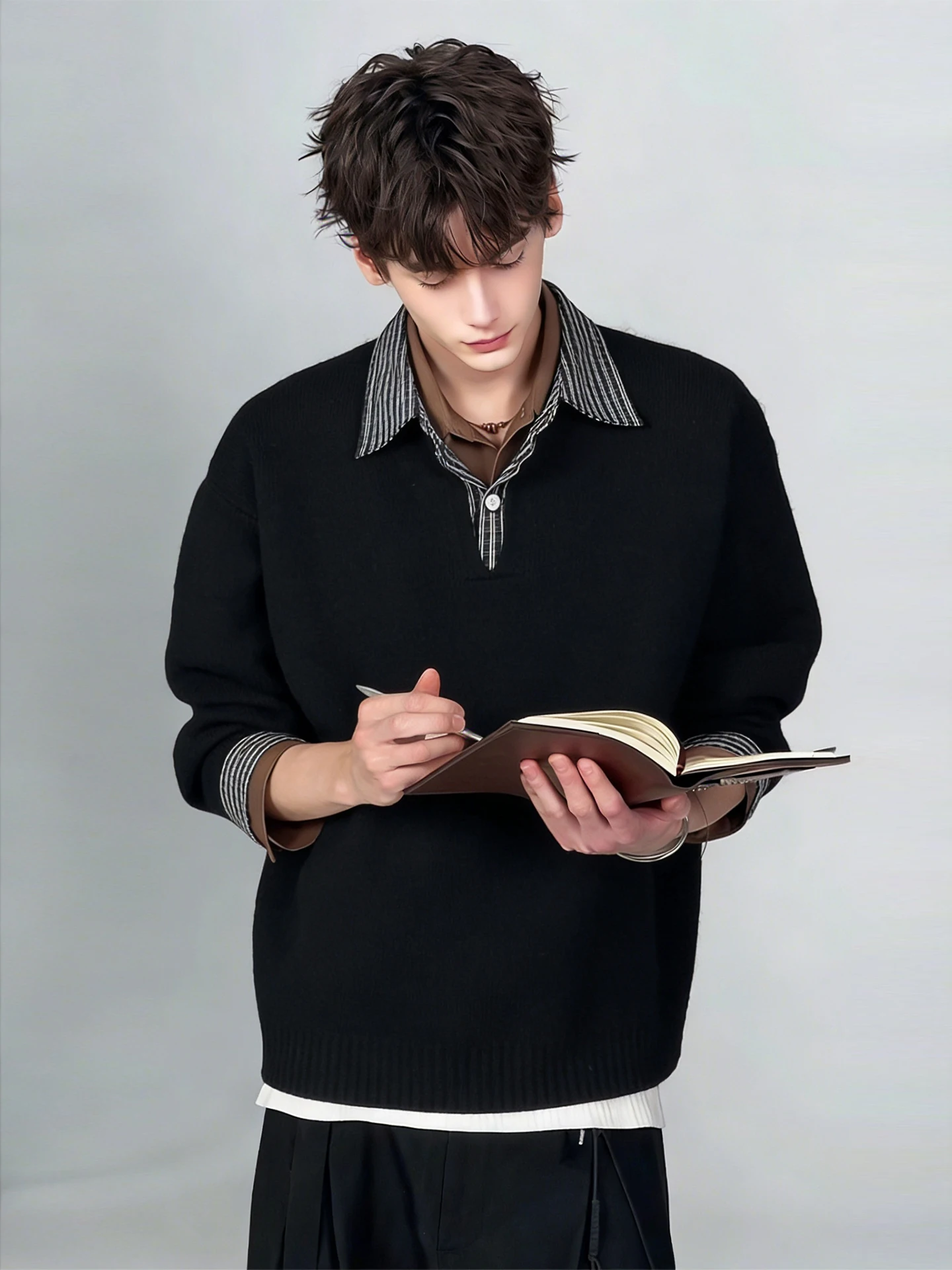 

Мужской зимний вязаный свитер American Style с воротником, имитация двухслойности, с узором, повседневный трикотаж