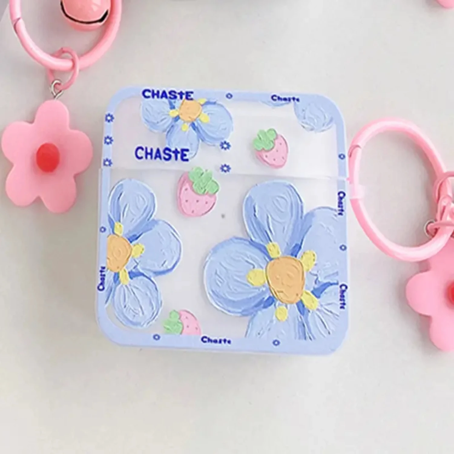 

Summer Fresh Square Case For Airpods With Oil Painting Strawberry Blue Flower For Airpods1/2, Airpods Pro,airpods 3
