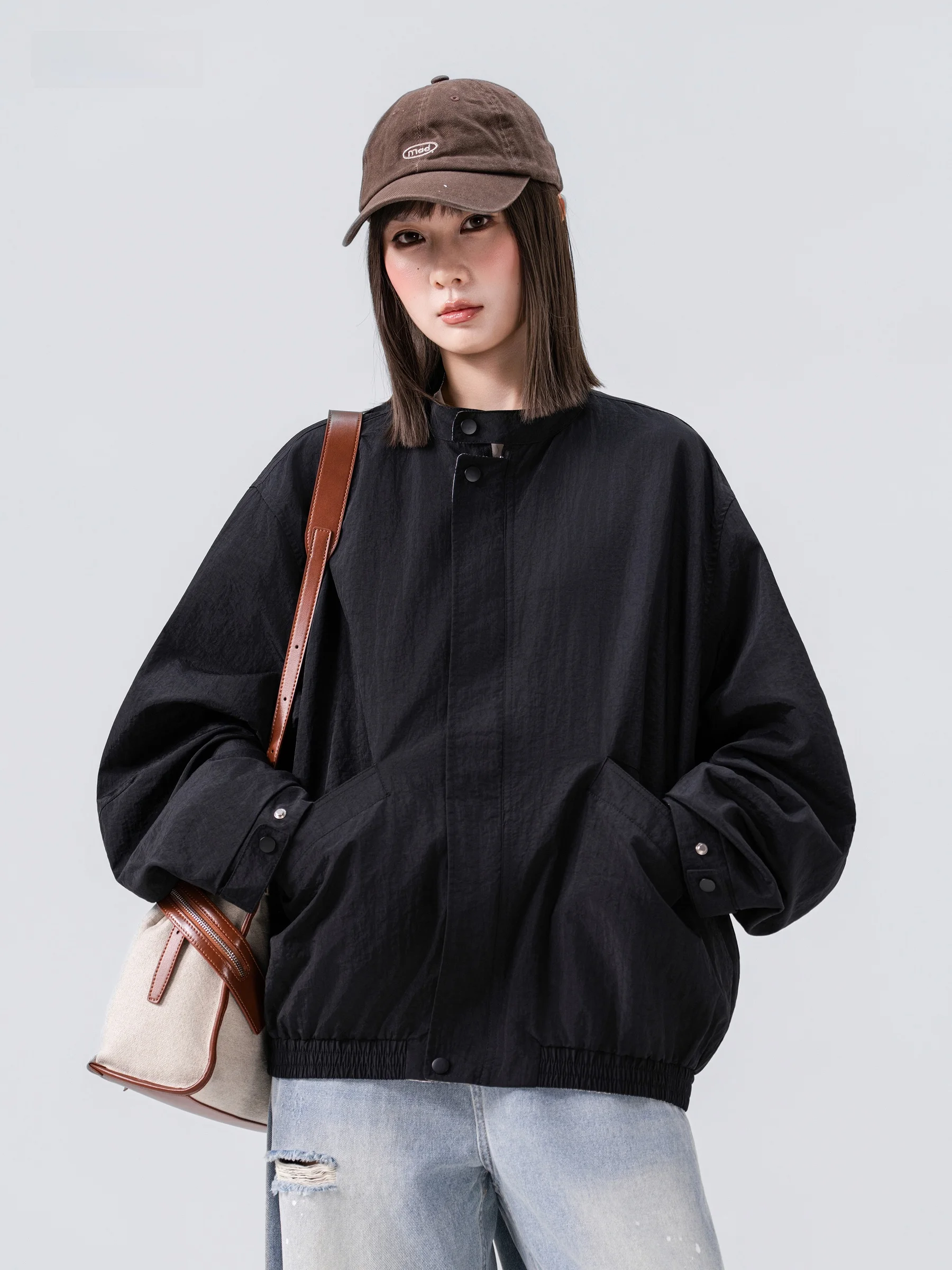 Casual Loose Fit Stand Collar Jacket Unisex Black Versatile Outerwear Polyester Fiber Long Sleeve Zipper Closure No Pattern