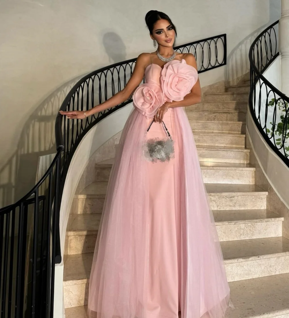 

Customized Fashion Jersey Pleat Handmade Flower A-line Strapless Long Dresses Bespoke Occasion Quinceanera Modern Style