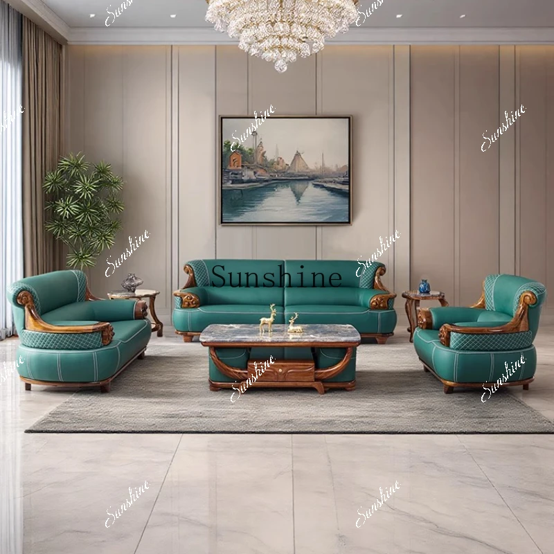 New Chinese-style thick leather sofa with solid wood 123 living room combination large apartment villa furniture  FT