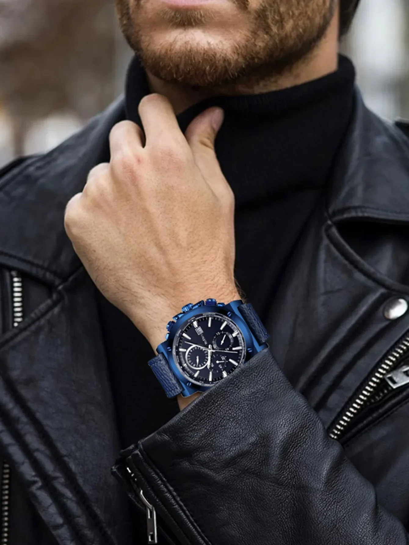 

Креативные мужские часы BIDEN, спортивные многофункциональные часы с большим циферблатом, синие двухслойные кварцевые часы с ремнем