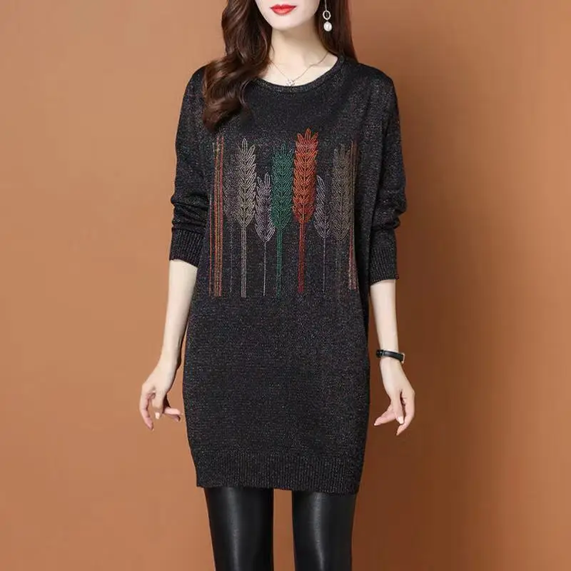 Women\'s Commute Bright Silk Casual Knitted Pullovers Autumn Winter All-match Midi Round Neck Diamonds Sweaters Female Clothing