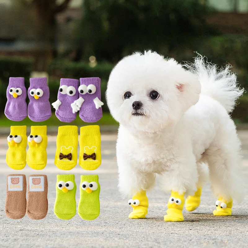 

4pcs Warm Dog Shoes Soft Pet Knitted Socks Cute Cartoon Anti Slip and Non Slip Socks Breathable Pet Supplies Dog Cotton Socks