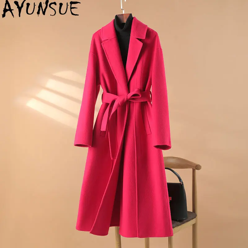 

AYUNSUE High Quality Cashmere Coat Women 2023 Spring Fall Wool Coats for Women Slim Wool Jackets Women's Clothing Overcoat Belt