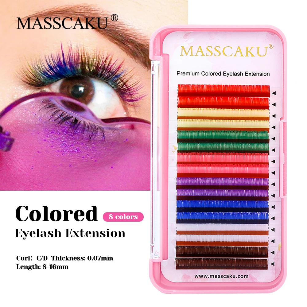 

New Style MASSCAKU 8-15mm Single Size Macaron Color Classic Volume Lashes Soft Natural Looks Rainbow Color Regular Lash in Stock