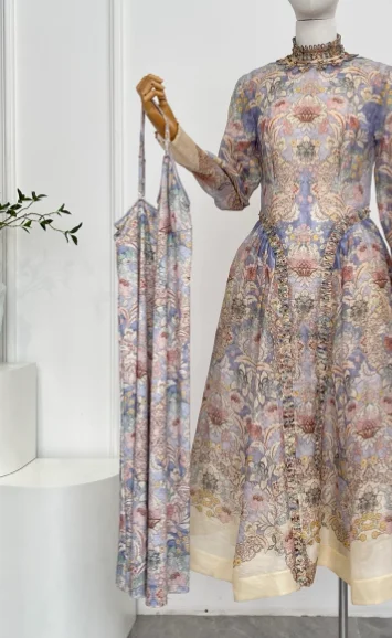 

2025 New Gentle Violet Floral Print Long Sleeve Stand Collar Midi Dress for Women High Quality