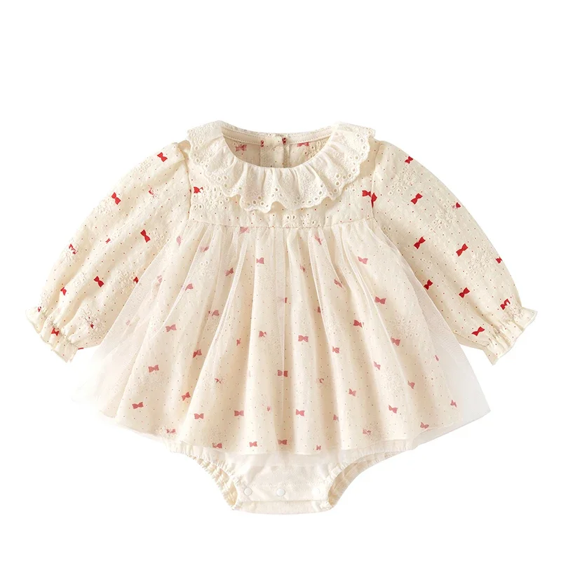 

2025 New Autumn Infant Baby Girls Jumpsuit Long Sleeved Cotton Mesh Splicing Toddler Baby Girls Romper 0-24M Baby Girls Clothing