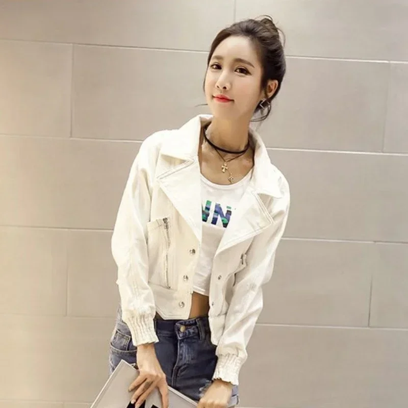 Small Outerwears Spring Autumn Short White Female Jeans Coat Plain Crop Women\'s Denim Jackets Original Designer Demi-season