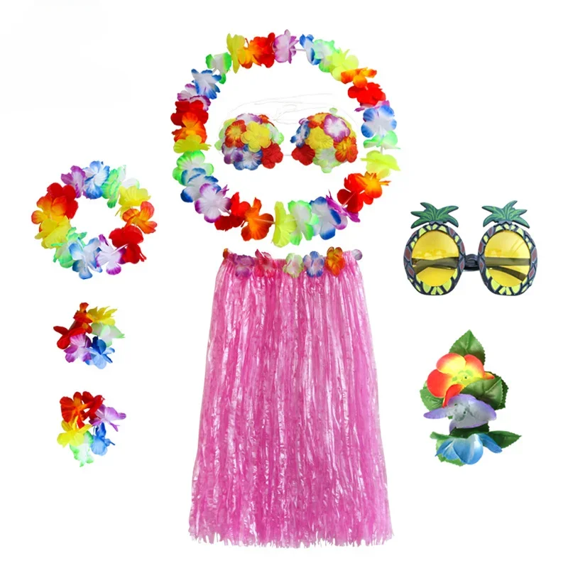 

Женский пляжный Гавайский костюм Hula, танцевальный костюм из 8 предметов, искусственная ткань, Новая праздничная цветочная гирлянда, травяная юбка