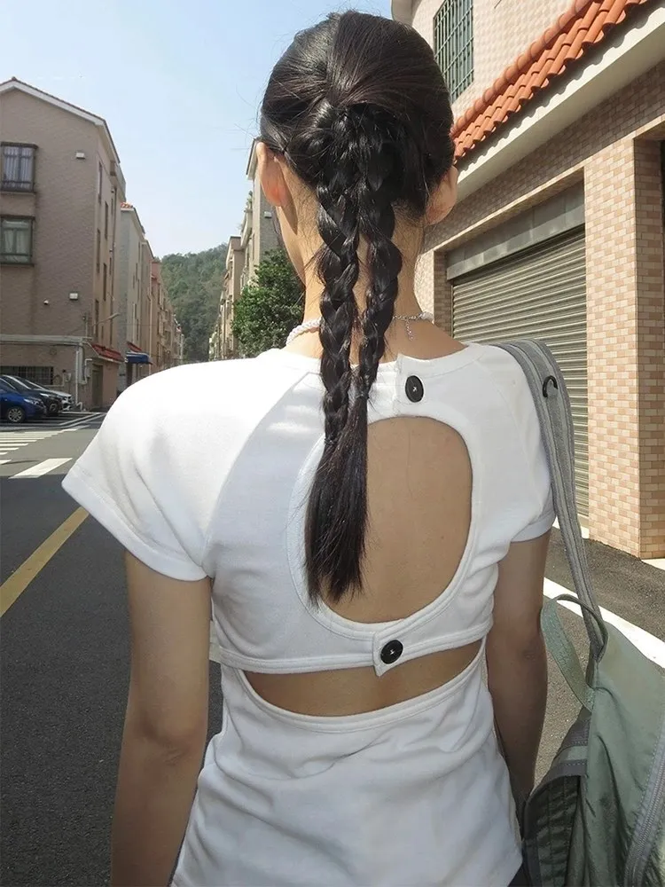 

Summer Backless T Shirt Women Hot Girl Short Sleeve Hollow Out Crop Top 2000s Korean Style Vintage Y2k Tops Streetwear Tops Tees