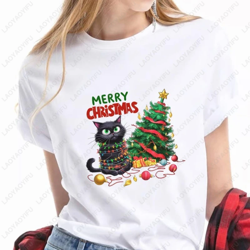 

Funny Christmas Cat Shirt Naughty Black Cat with Christmas Lights & Tree Cute Merry Christmas Tee for Cat Lovers and Pet Parents