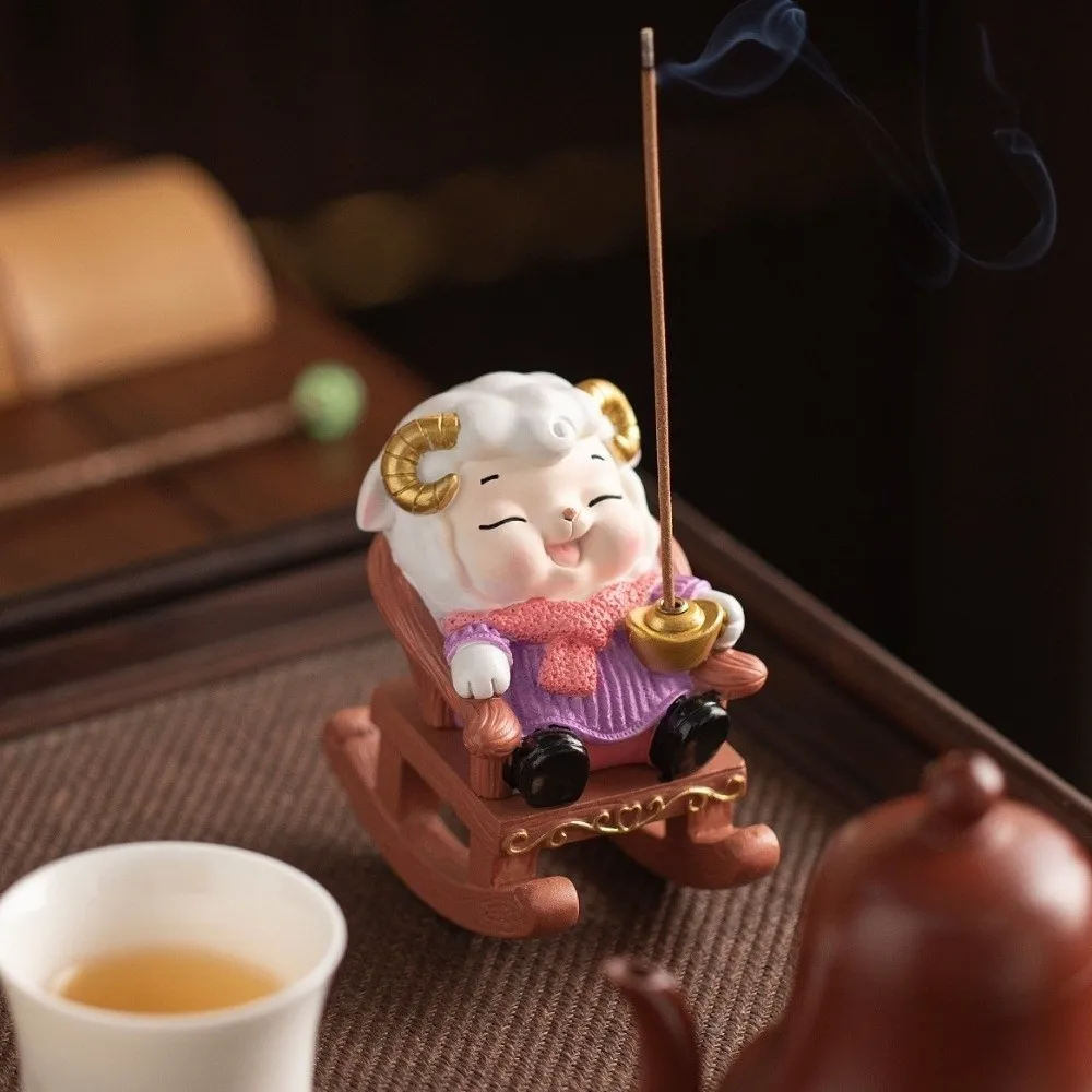 Mascot Laying Sheep Incense Censer Resin Funny Sheep Incense Burners Creative Sheep Figurine with Rocking Chair Year of the Goat