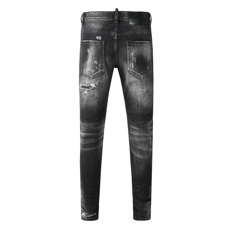 Men's street fashion jeans, painted, pleated, elastic, slim fit, ripped hole, washed, nostalgic, black jeans, designer, hip-hop
