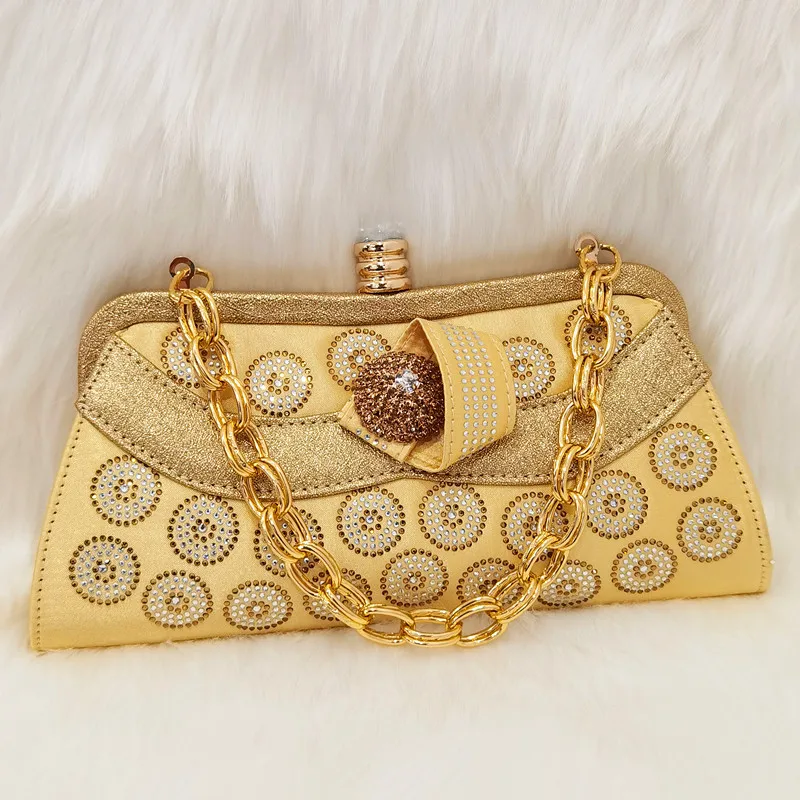 Nigeryjczyk New Arrival moda gorący i styl młodzieżowy złoty kolor panie zestaw butów z torebką z Rhinestone na wesele