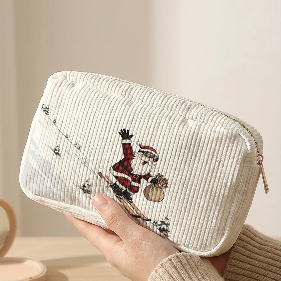 Skiing Santa Claus Winter Snow Mountain Print Corduroy Makeup Bag Portable Travel Cosmetic Storage Pouch Christmas Gift Women
