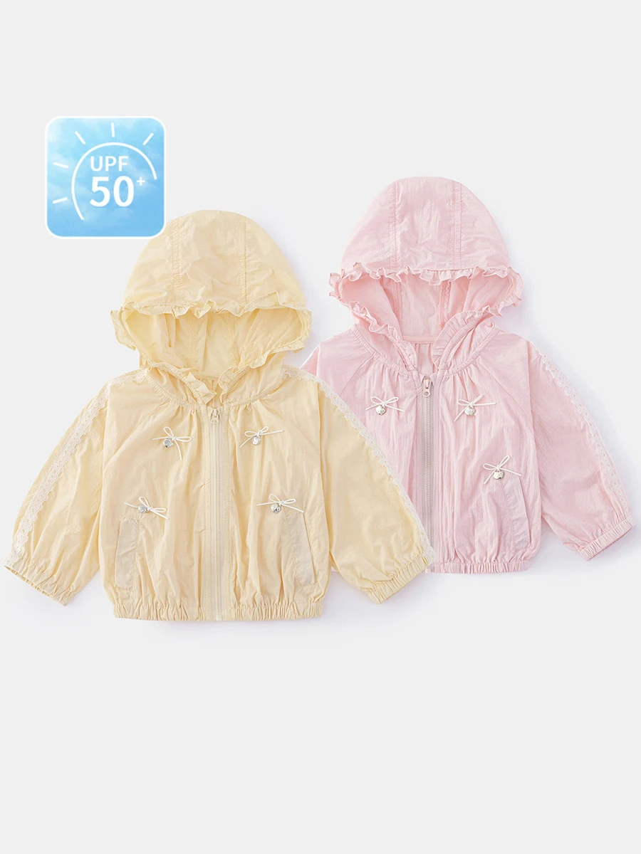 Children's Summer Hooded Sunscreen Clothes Girls' Bow Anti UV Clothes Air Conditioning Cardigan Autumn Thin Baby Coat