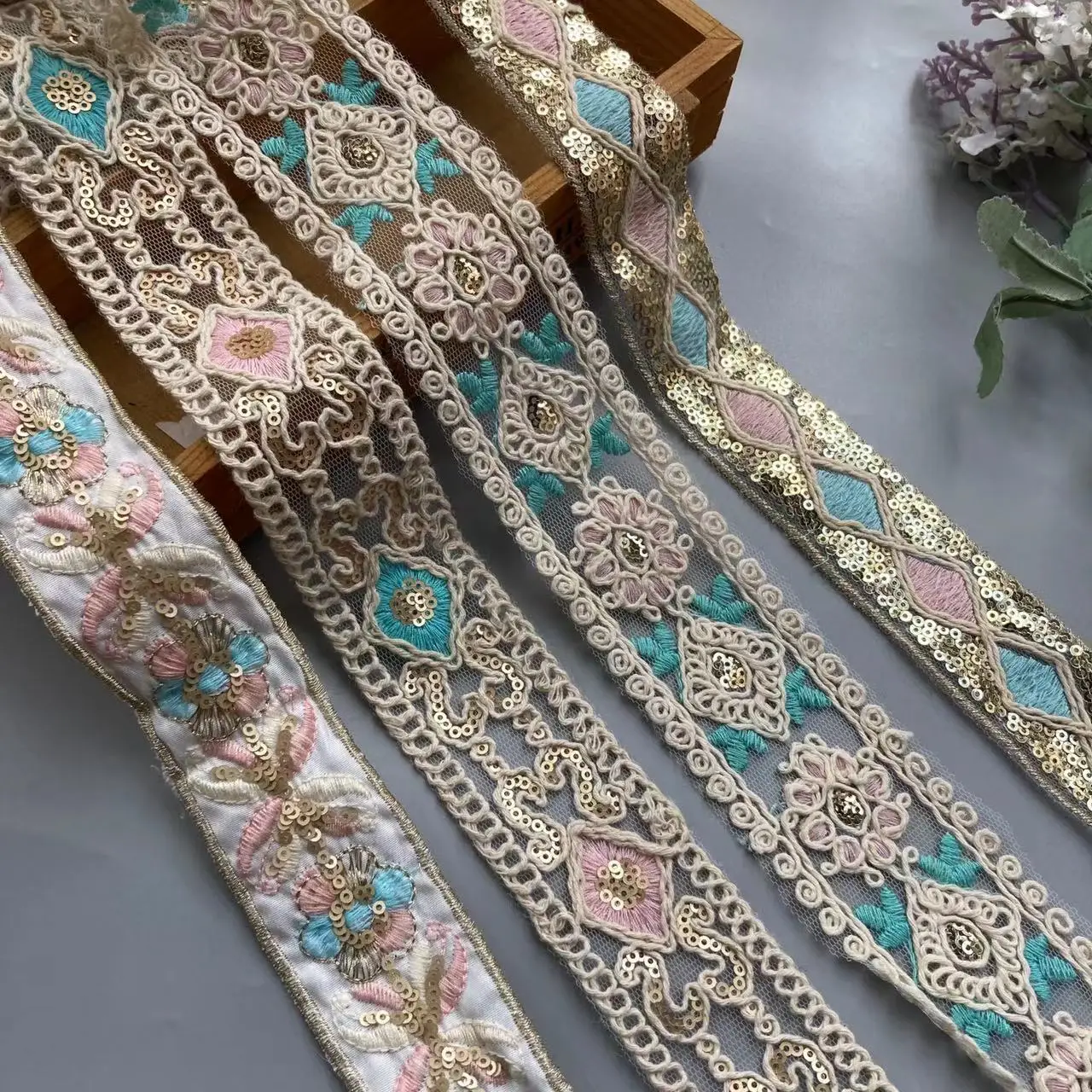 1 Yards Sequin Lace Fabric Embroidery Ribbons Flower Lace Trims Floral DIY Apparel Swiss Sewing for Shoes Bags Headdress Craft