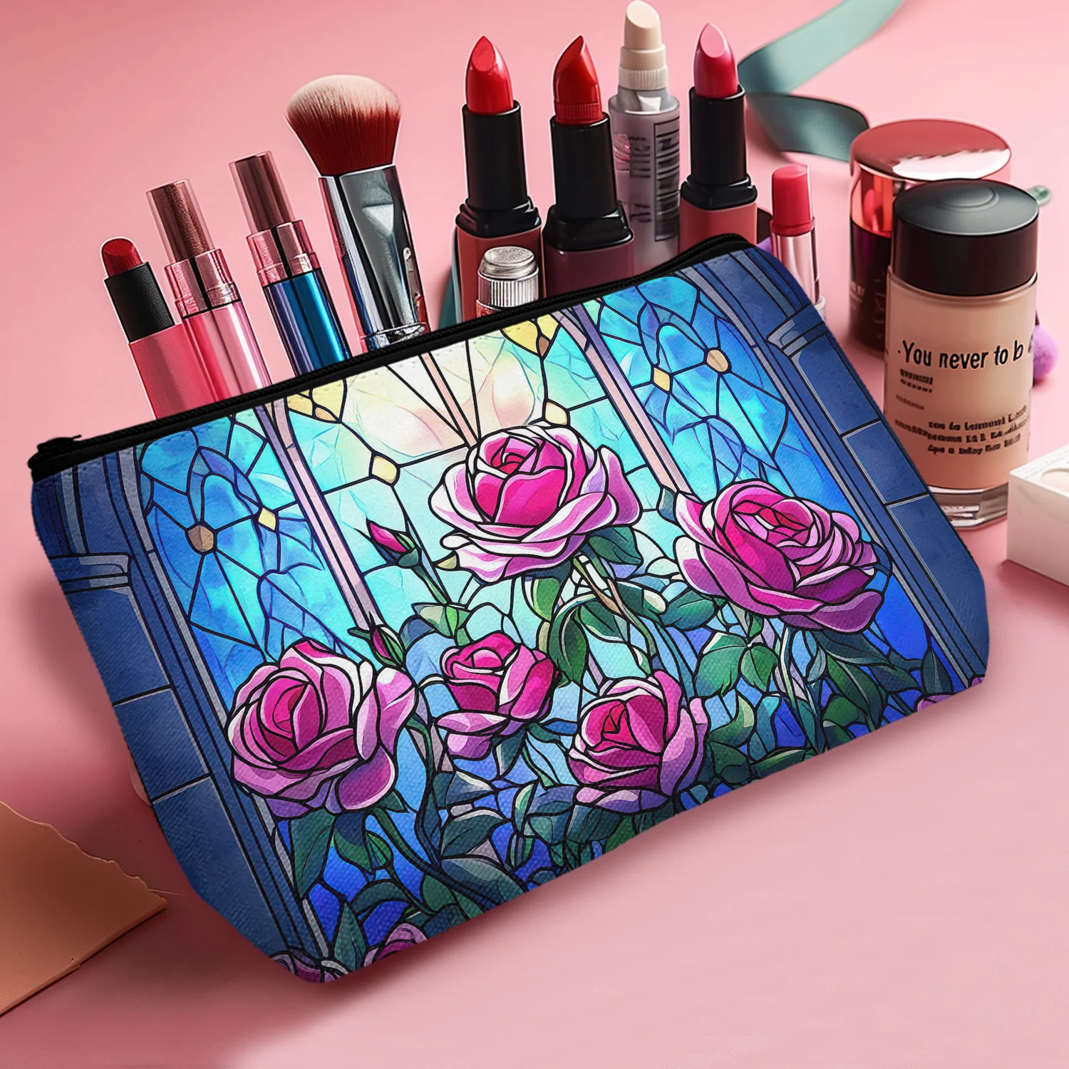 1Pc Gothic Cosmetic Bag Roses Blooming In The Dark Castle Fragmented Glass Window Cosmetic Bag With Zipper 8.66X5.51Inch