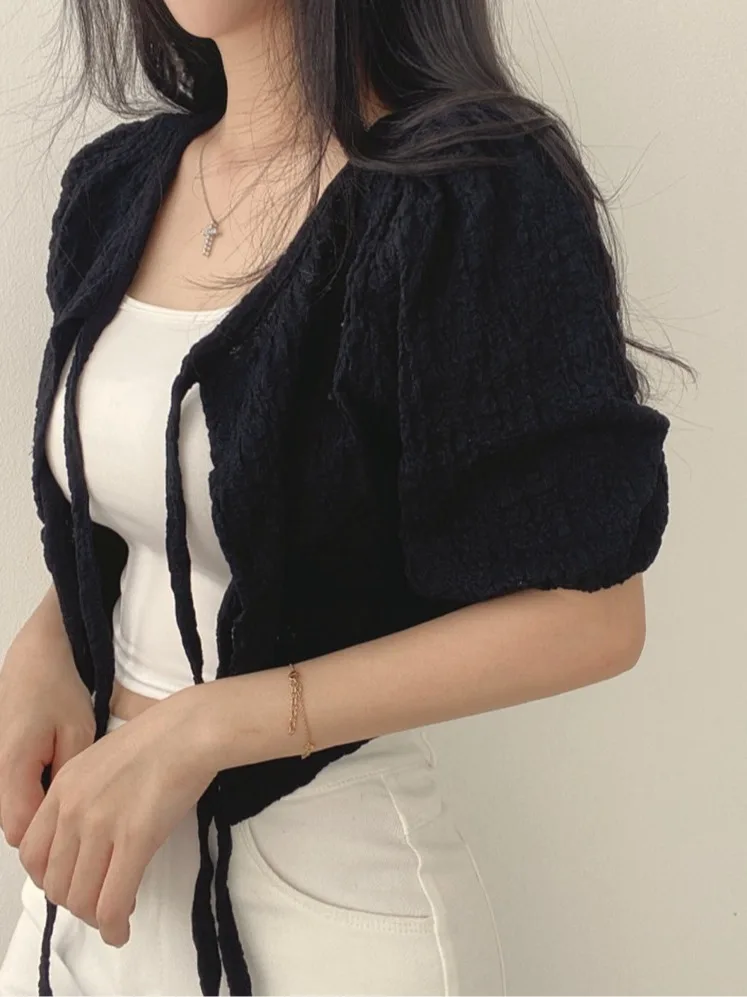 Chic Summer New Sweet Versatile Belted V-Ne Sunscreen Thin Air Conditioner irt ort Outerwear Women's Top Trendy