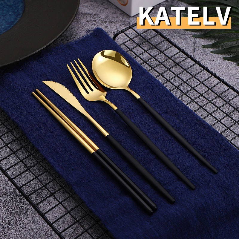 

12-16Pcs Black Gold Cutlery Set Knife Fork Spoon Chopsticks Gold Stainless Steel Korean Dinnerware Set Silverware Tableware Set