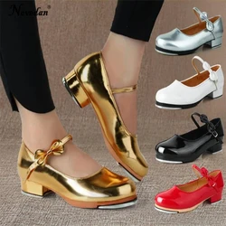 Chaussures de claquettes en cuir PU pour femmes et filles, brillantes, vernies, lacées, noires, blanches, rouges, claquettes pour enfants, chaussures de danse sur scène pour enseignant, nouveau