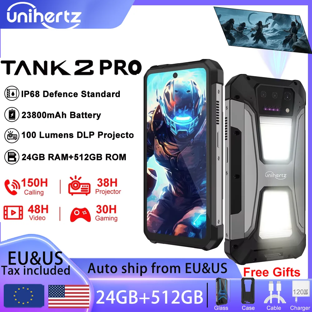 

Unihertz Tank 2 PRO 8849 Rugged Smartphone with Projector 2.4K 23800 mAh 24GB+512GB Mobile Phone Android 14 100MP NFC Cell Phone