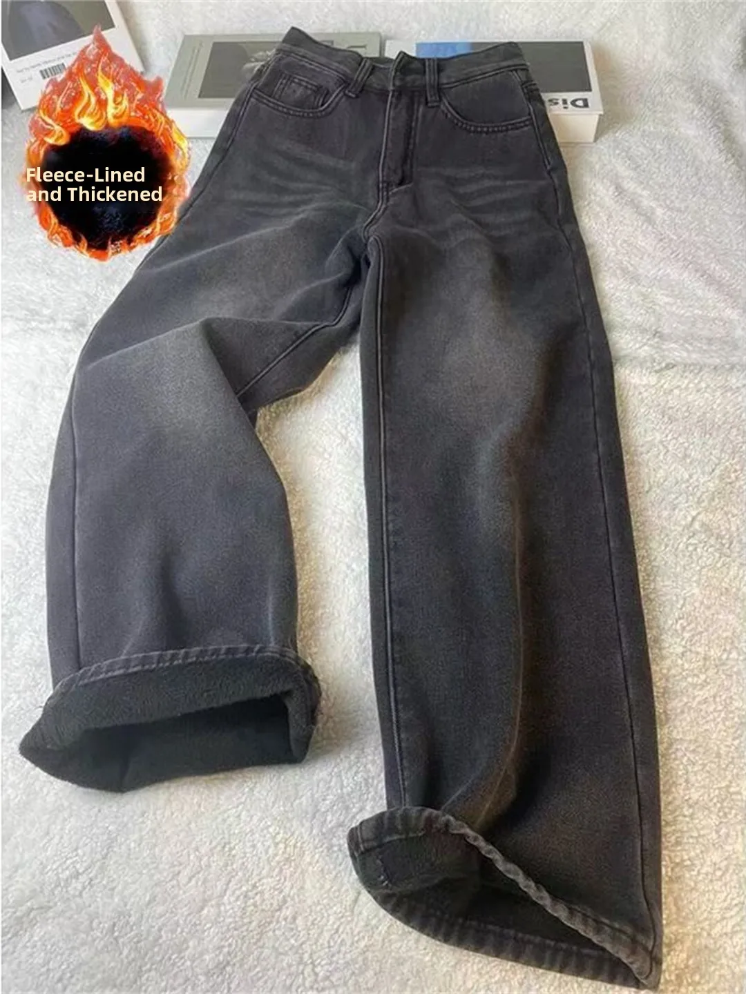 

High Waist Fleece Lined Distressed Denim Pants Women's Casual Straight Leg Jeans Autumn Winter High Waist Versatile Style