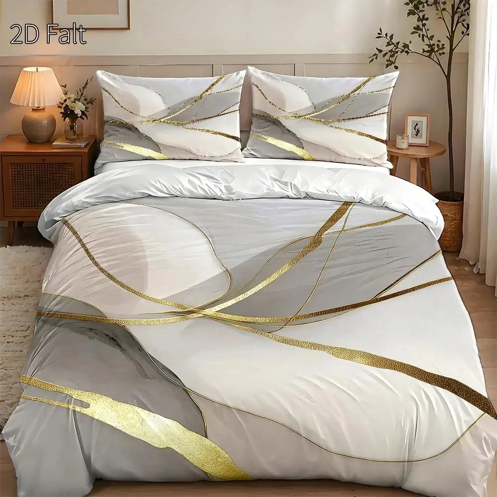 3Pcs Duvet Cover Set, 1 Duvet Cover + 2 Pillowcases, No Filler, 2D Flat Printing, 3Pcs Duvet Cover Set, Golden Abstract Line