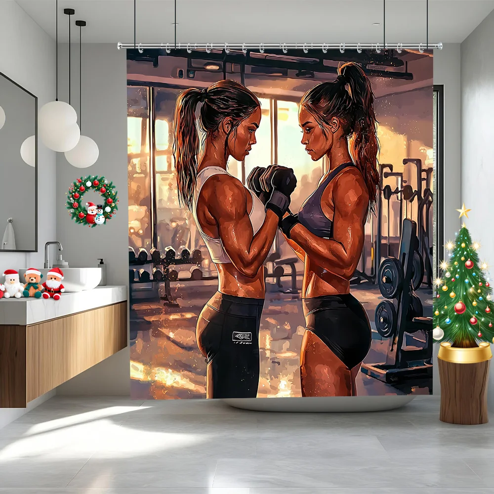 Fitness Girls Shower Curtain, Bodybuilding Women Gym Workout Art Waterproof Bath Curtain, Muscle Sport Home Decor for Men