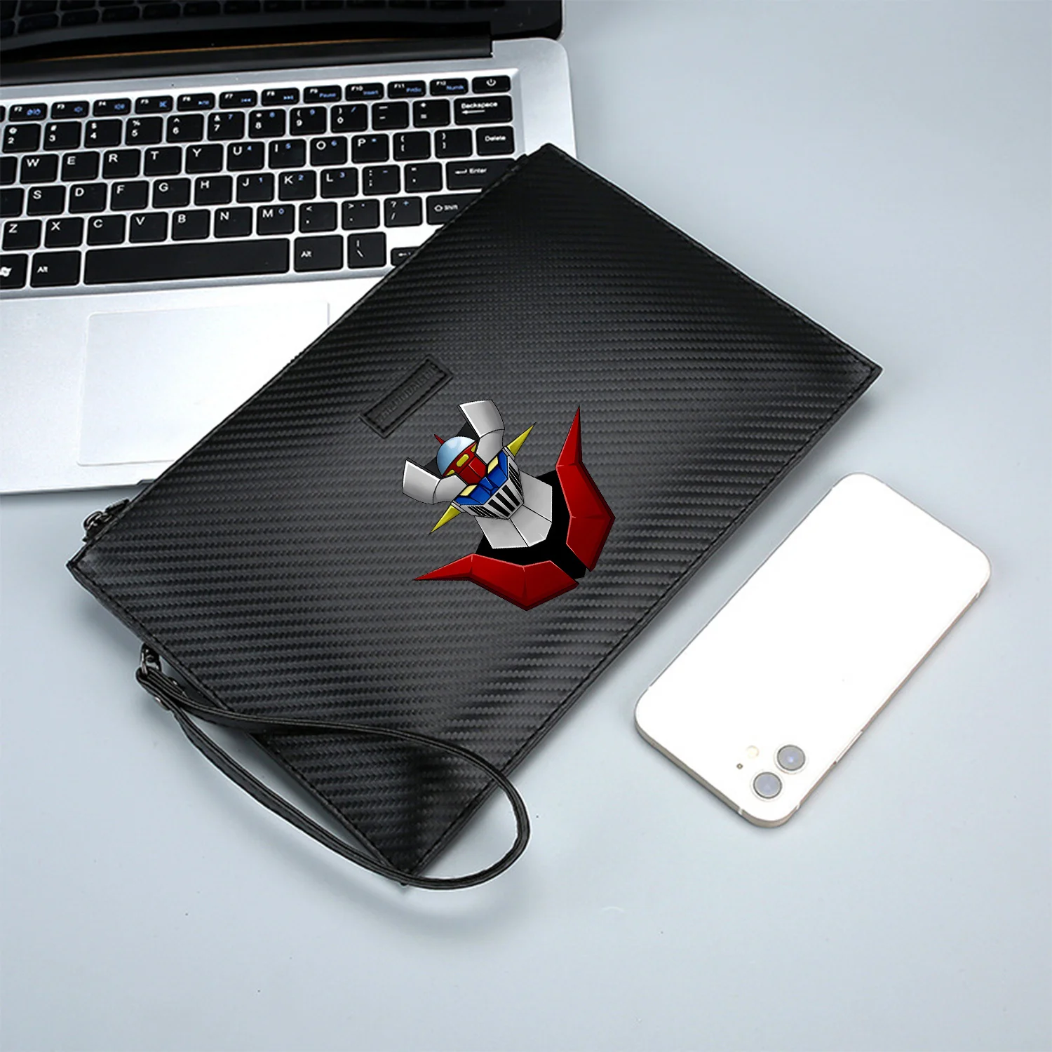 قناع أزرق برأس روبوت، قرون حمراء، حقيبة يد رجالية أنيقة مطبوعة من البولي يوريثان، عصرية وعملية للحمل اليومي