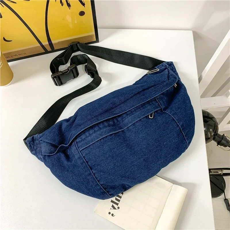 Bolsa tiracolo jeans com zíper, bolsa de ombro com movimento simples, bolsa de peito preguiçoso, literatura e arte, elegante, emenda, outono, 2024